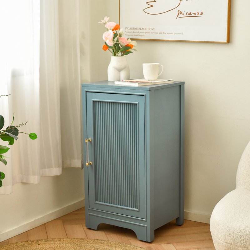 30.5" Tall Modern Retro Ribbed Wood End Table With Storage Shelf For Living Room,  Azure Grey Finish