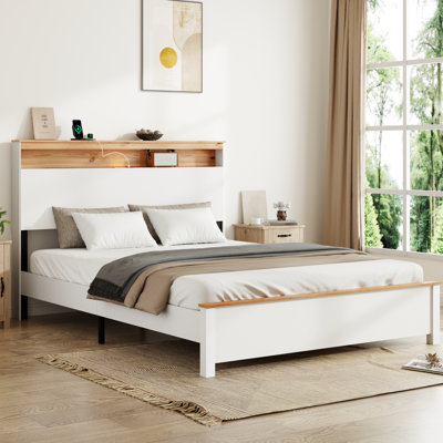 American Traditional, Antique White, Bedroom, Queen Bed Frame, Storage Headboard, Charging Station, Led, Metal, Under Compartment Headboard Charging, Led , Metal Slats, Space