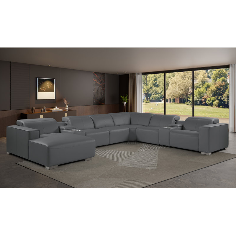 Canapé modulaire en cuir véritable gris foncé de 8 pièces avec 3 fauteuils inclinables électriques et appuis-tête réglables faisant face à gauche