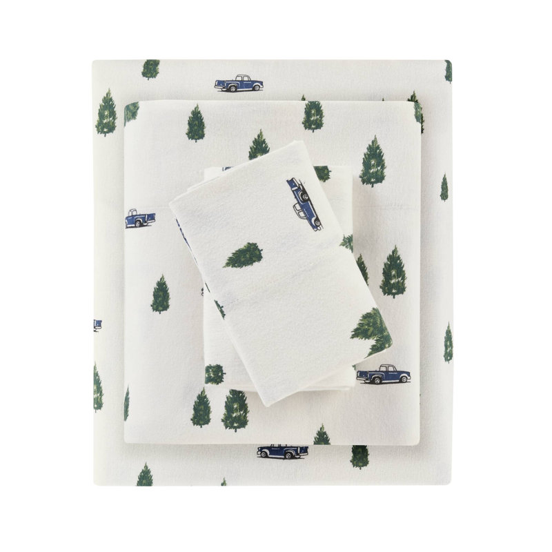 Ensemble de draps Green Trees & Camions, Ensemble de draps pour très grand lit, Floral multicolore