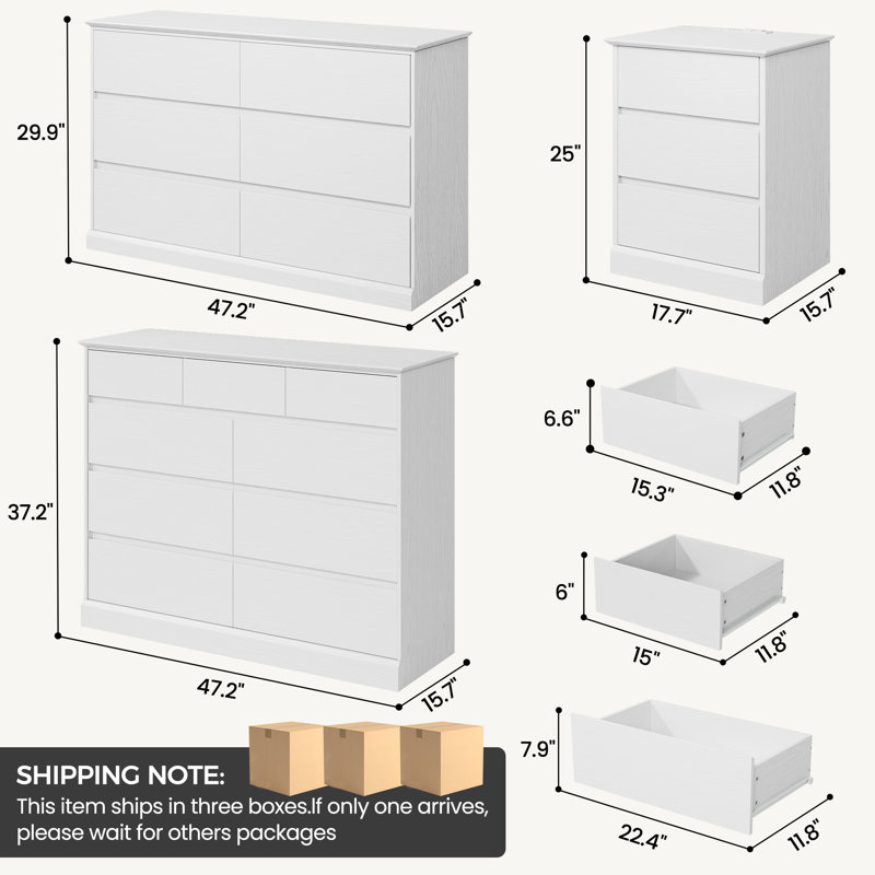 Ensemble de chambre à coucher 4 pièces Dornisha, commode double 9 tiroirs 47 po, commode double 6 tiroirs et table de chevet 2 pièces