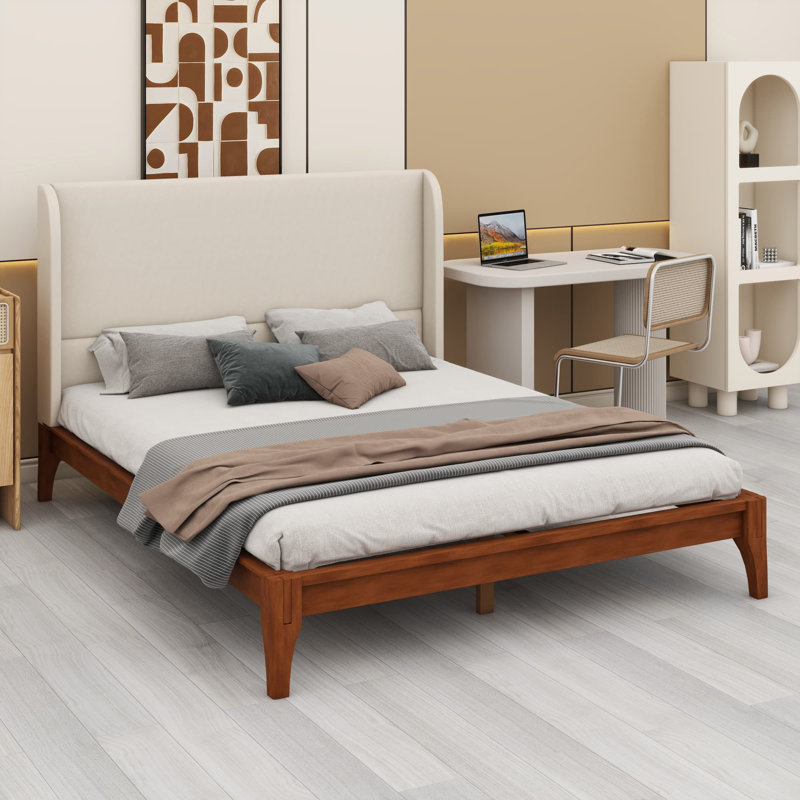 Lit flottant minimaliste avec tête de lit haute en tissu