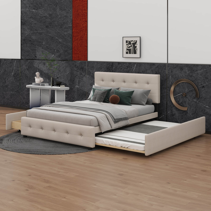 Queen Size  Platform Bed Offering Two Under-Bed Storage Compartments And An Extra Trundle, Dark Beige