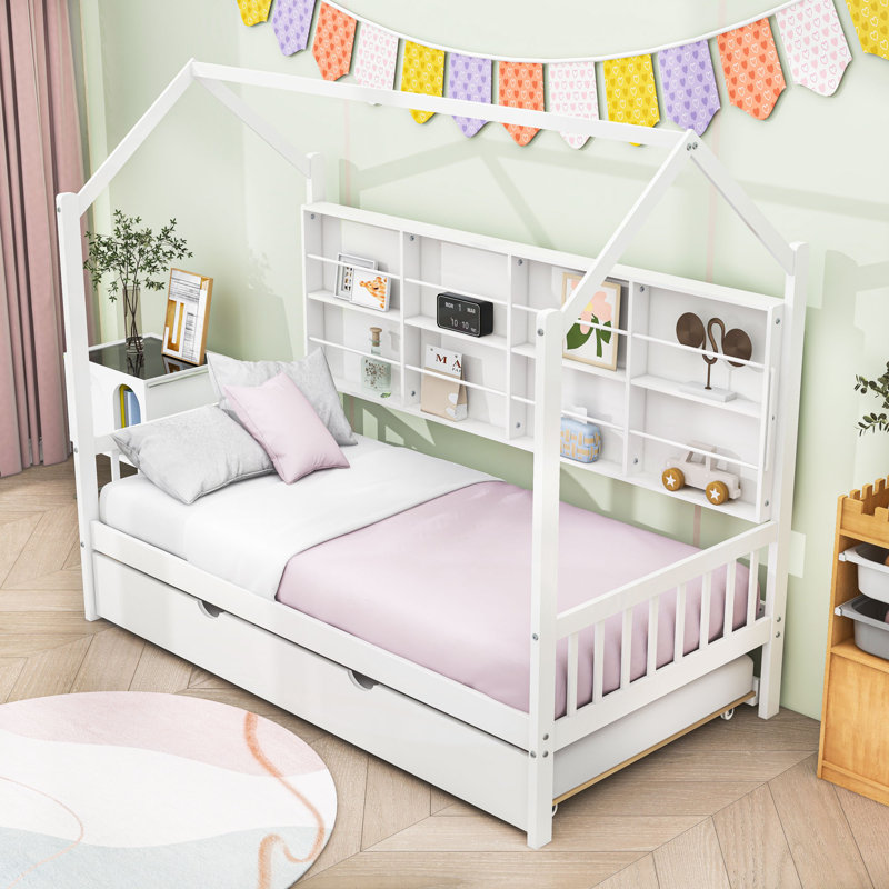 Lit plateforme en bois avec lit gigogne et tablettes, Blanc, Simple