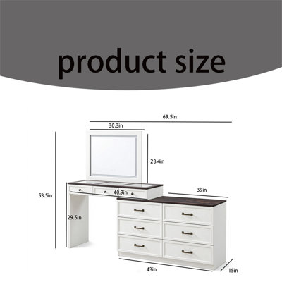 Dressing table, farmhouse style dressing table with glass countertop and 9 drawers