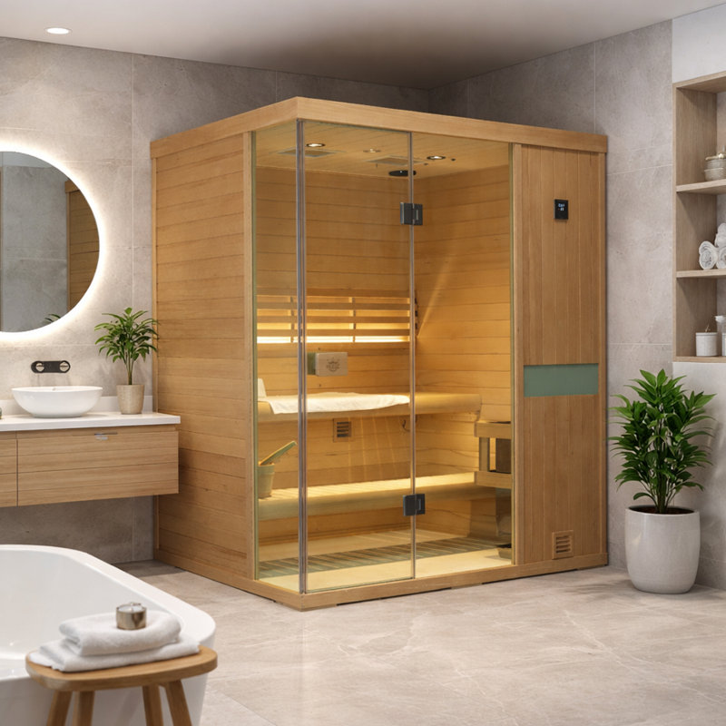 Samsora 3-Person Indoor Steam Sauna 3800W, Red Light Therapy, 95℉-230℉ Temp Range, Hemlock Wood, Built-In Bluetooth Speaker, Includes Sauna Heater and Sauna Stone, Negative Ion Technology