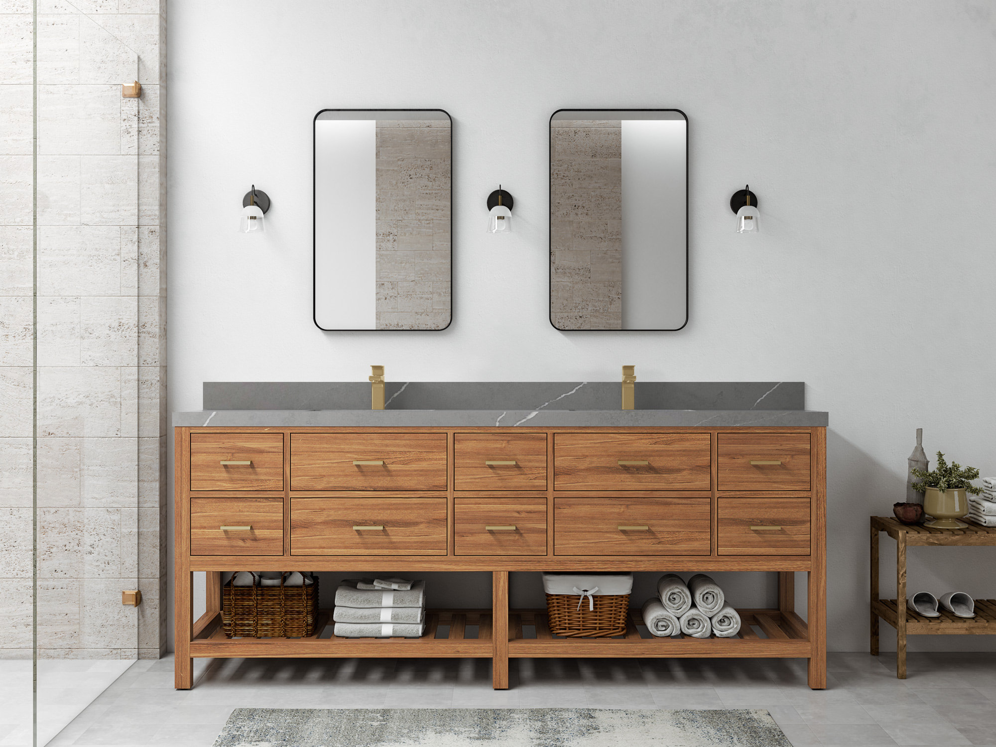 Willow Collections Parker Teak 84'' Double Bathroom Vanity with Quartz ...