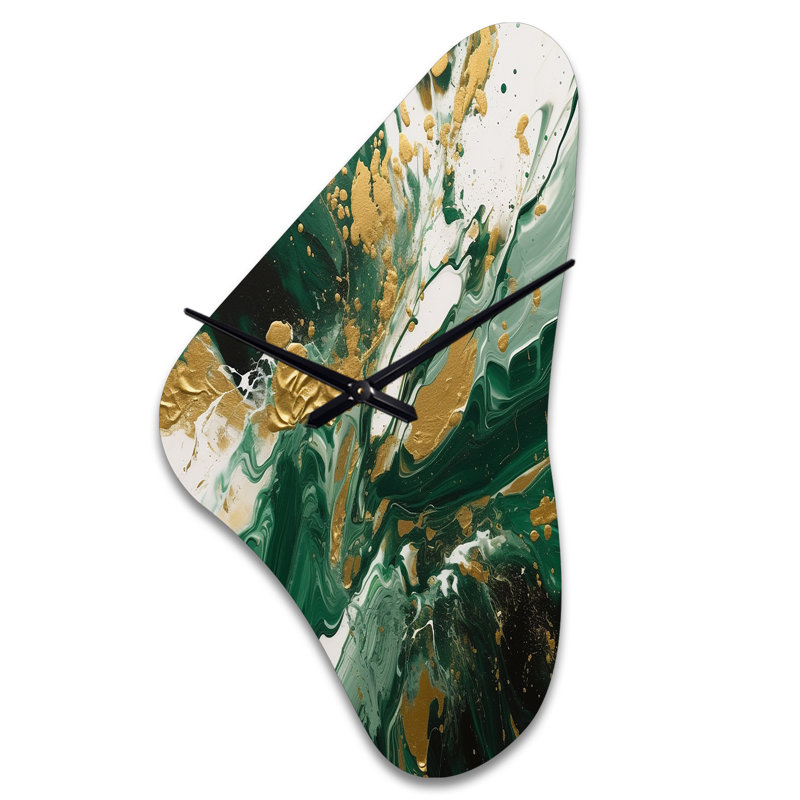Vert et or liquide Magic I - horloge murale asymétrique abstraite en métal, impression d'horloge murale moderne de forme unique
