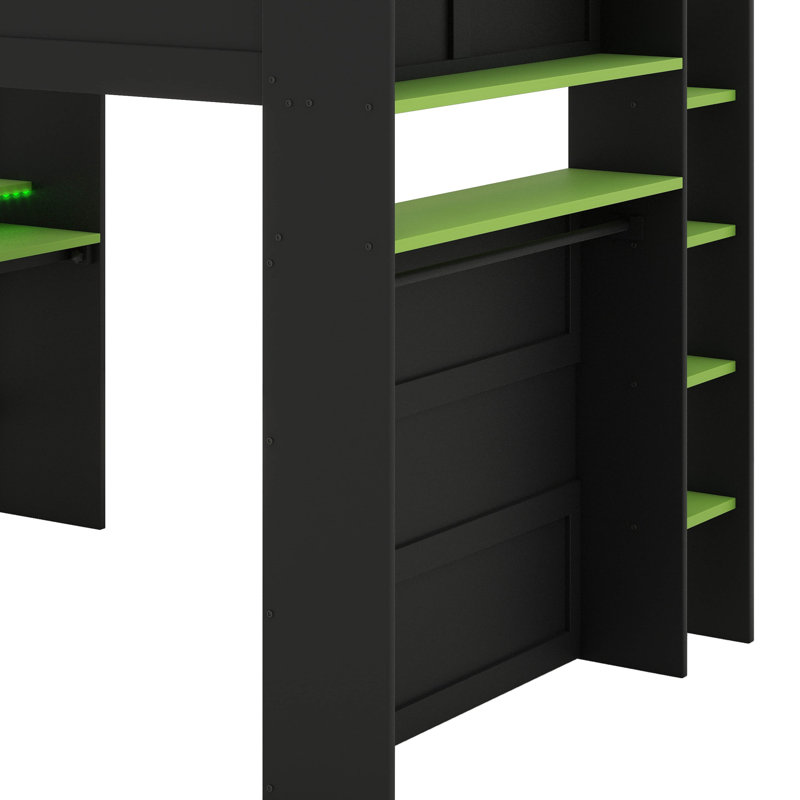 Lit superposé double avec bureau réglable en hauteur, avec garde-robe et choix d'éclairage RVB, Vert