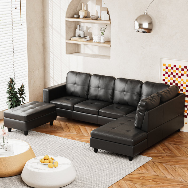 Ensemble de canapé moderne en forme de L, ensemble de canapé en similicuir 3 pièces avec coussins et repose-pieds de rangement, ensemble de canapé avec cadre en bois massif, méridienne droite, canapé de salon facile à assembler pour appartement, ma