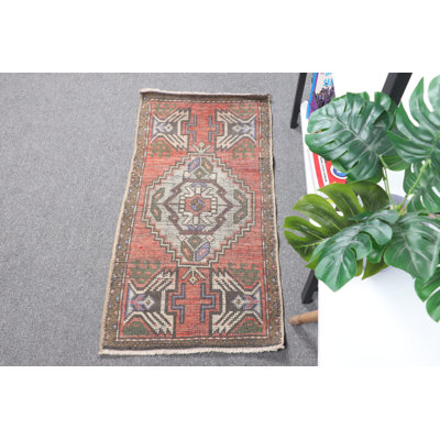 Red Antique Turkish Rug Handwoven From Wool Ideal For Entryways and Bathrooms Handmade In Anatolian Style