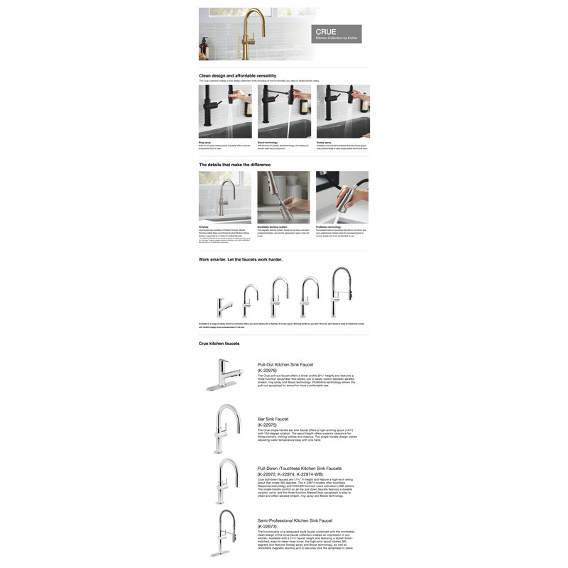 Kohler Crue Single Handle Pull Down Kitchen Faucet with Three-Function Pull Down Sprayer, Brass
