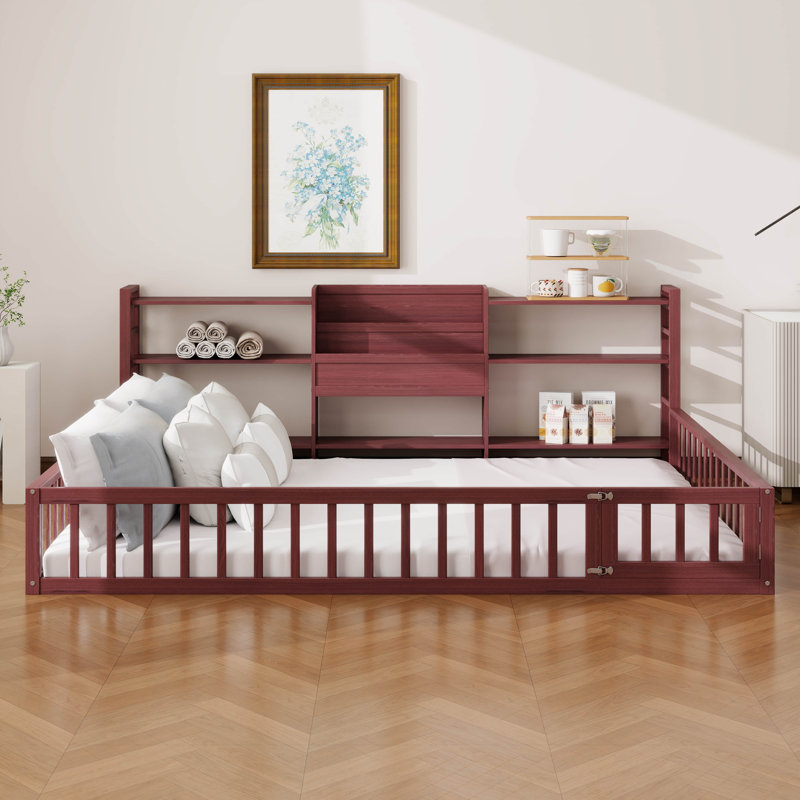 Lit sur pied Montessori avec bibliothèque, tablettes et clôture, lit sur pied avec clôture, bibliothèque, base de lit à profil bas