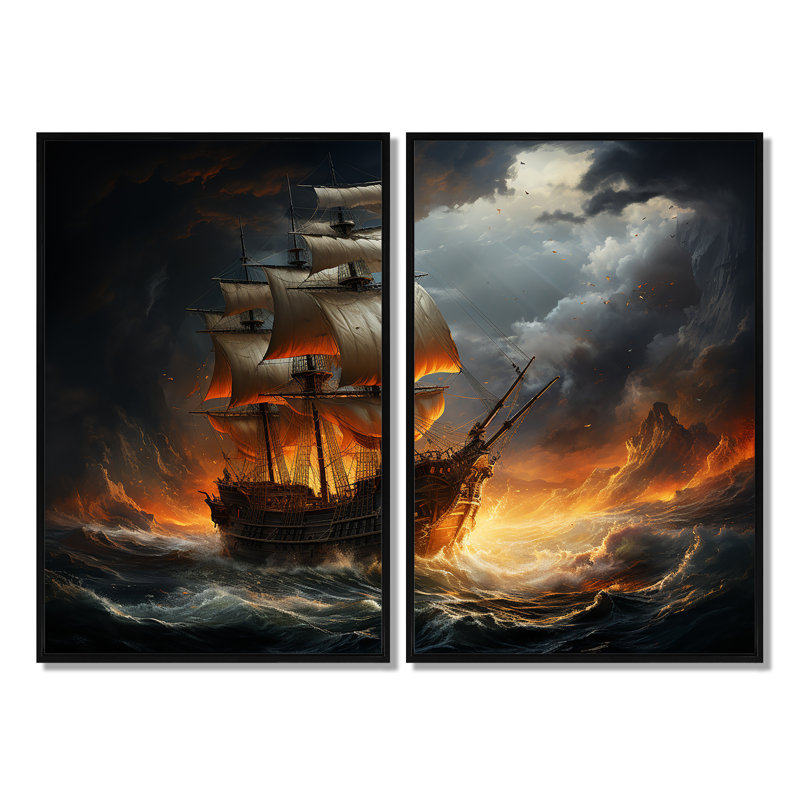 Bateau pirate Stormy Seas - décoration murale orange, Impression encadrée flottante sans passe-partout, Noir