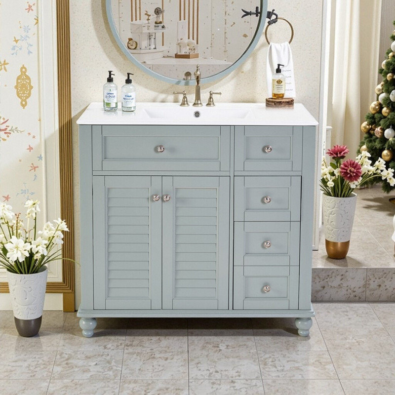 Meuble-lavabo en bois massif 36 po avec tiroirs en céramique à fermeture en douceur, Vert / Argent