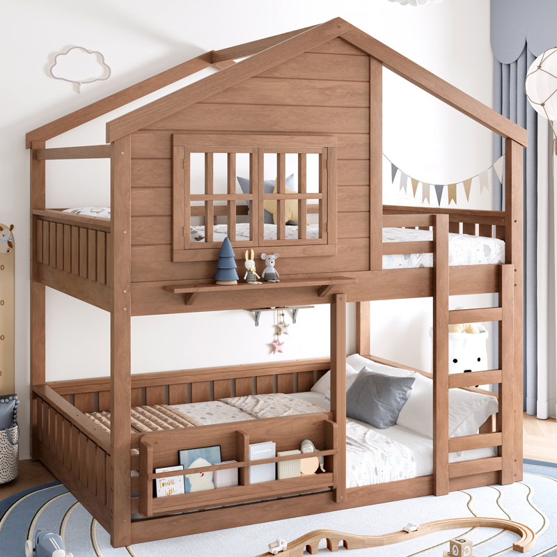 Full Size House Bunk Bed Loft Bed with Bookshelf, Safety Guardrails, Cabin-Style Kids Bed Frame, Natural, Natural, Full