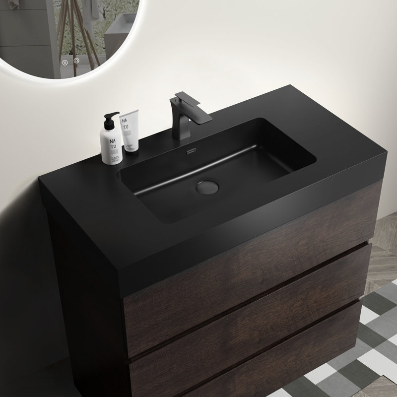 Walnut Bathroom Cabinet With Sink - 36", Modern Style 36" Vanity Sink, Look, Walnut, Black, 36"