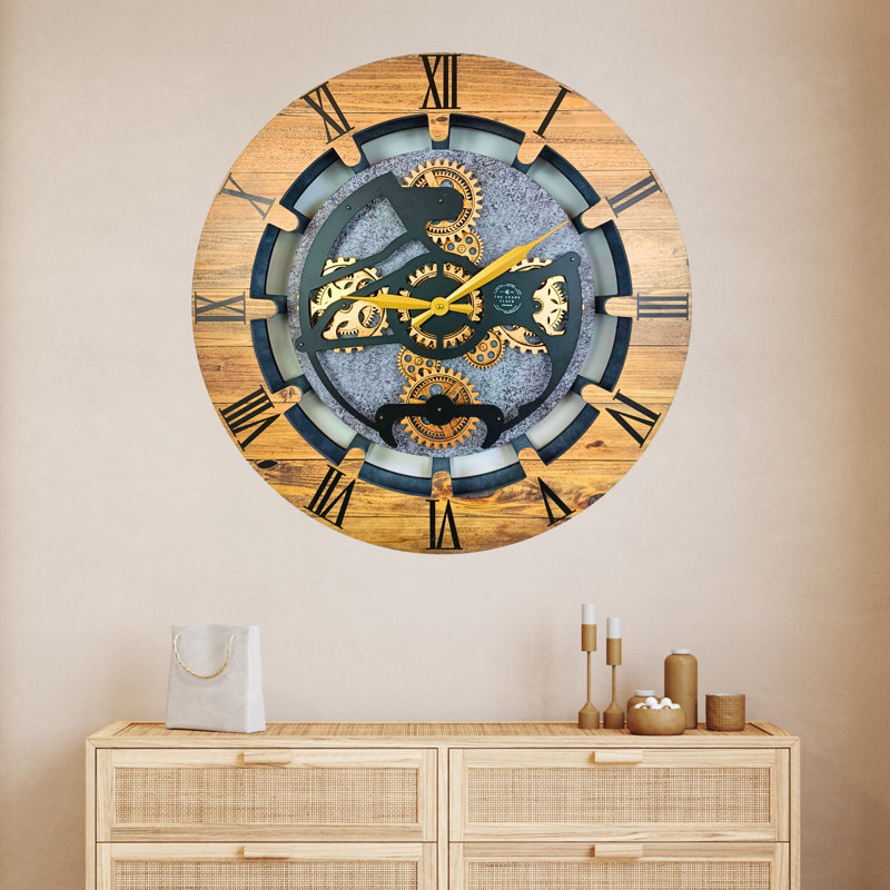 Wall Clock 24" Round Oversized for Living Room decor with Real Moving Gears Canada Collection, Wood Stone