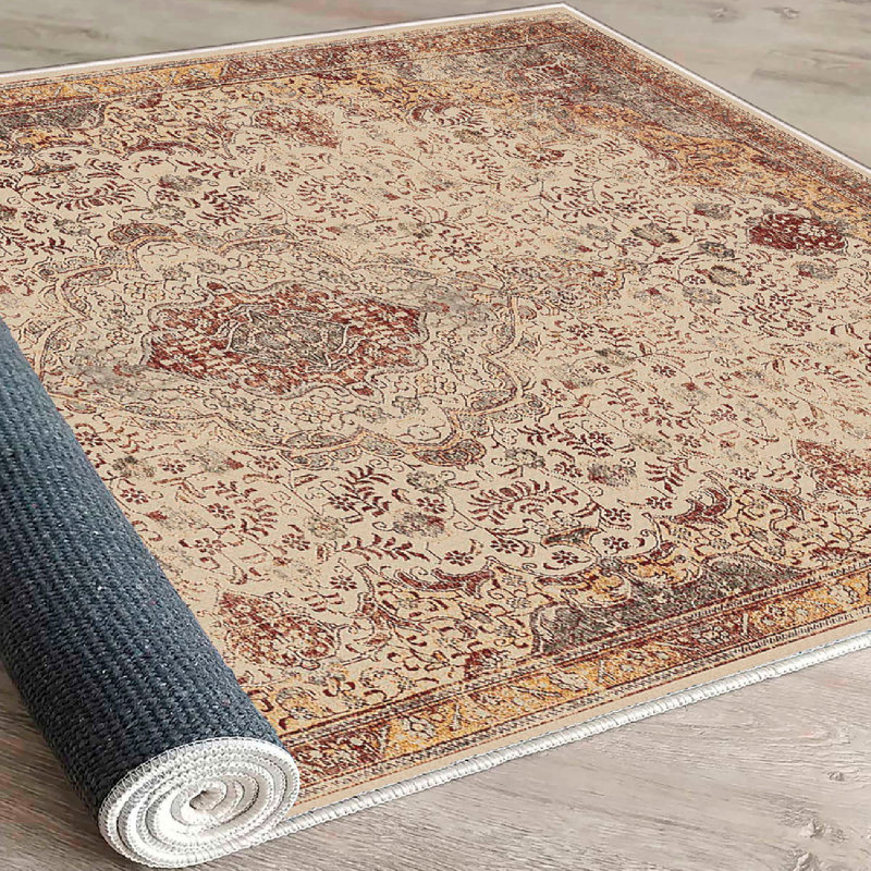 Wencil Luxury Cotton Area Rug (31.5 x 19.7 inches), Beige, Red & Camel | 100% Cotton, 1200 g/m², Pile Height: 0.4 in, Non-Slip PVC Underside | Machine Washable, Antibacterial, Perfect for Home & Office Décor
