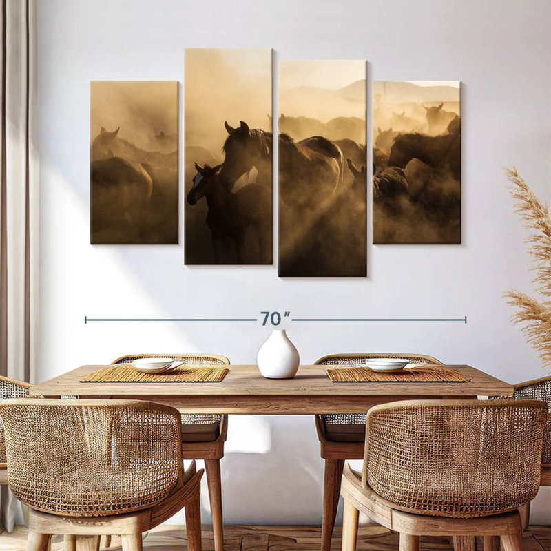 Brampt, chevaux sauvages au coucher du soleil, H 42 po x l 68 po