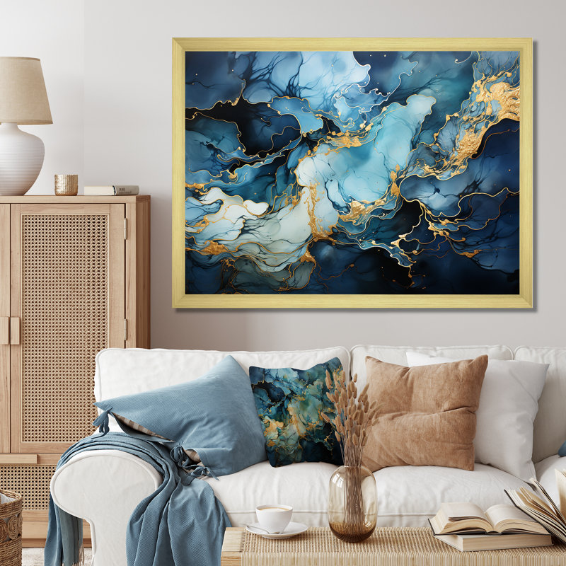 «Blue and Gold Abstract Hurricane I» sur toile, Cadre doré simple, H 12 po x l 20 po x P 1 po