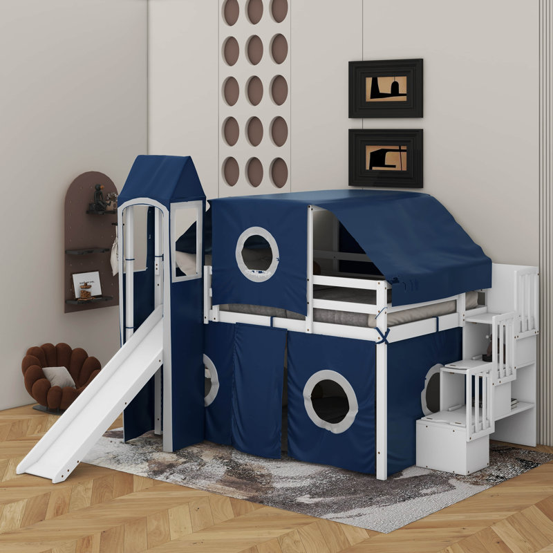 Lit mezzanine double avec tente et tour, Bleu