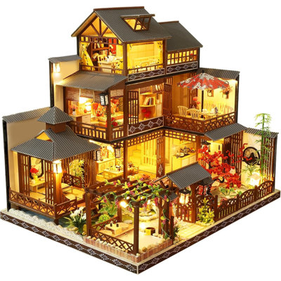 Wooden DIY Miniature Dollhouse Kit – Traditional Japanese Ancient Courtyard Villa Model with LED Lights – Full Furniture & Handmade Assembly Craft – Collectible Dollhouse Gift for Adults