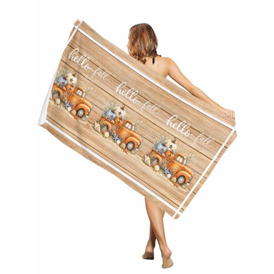 Serviette de plage surdimensionnée en bois avec motif de camion citrouille de Thanksgiving, séchage rapide, absorbant et doux, sans sable, 76 x 152 cm. Un sac en toile assorti à la serviette de plage imprimée vous sera offert.
