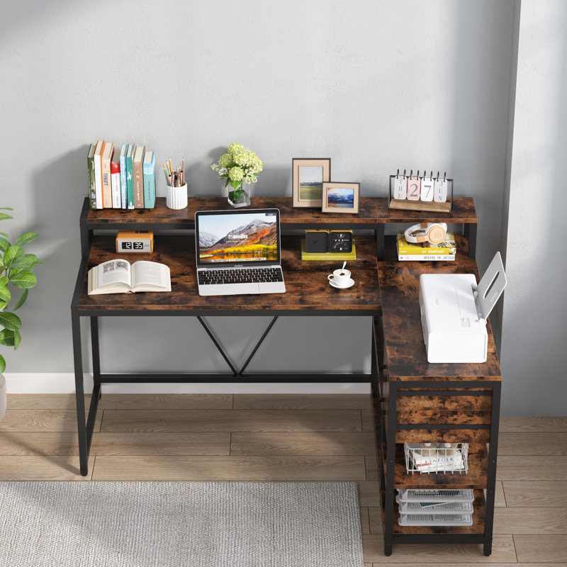 Reversible L -Shaped Computer Desk with Monitor Stand, Rustic Brown/Black