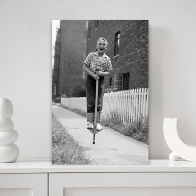 1960S Boy On Pogo Stick On Sidewalk Retro Vintage Spring Summer Wall Art
