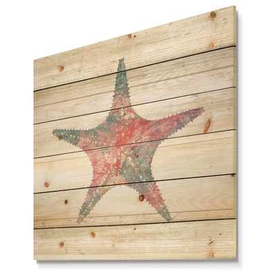 Étoile de mer rose, océan, impression nautique et côtière sur bois de pin naturel