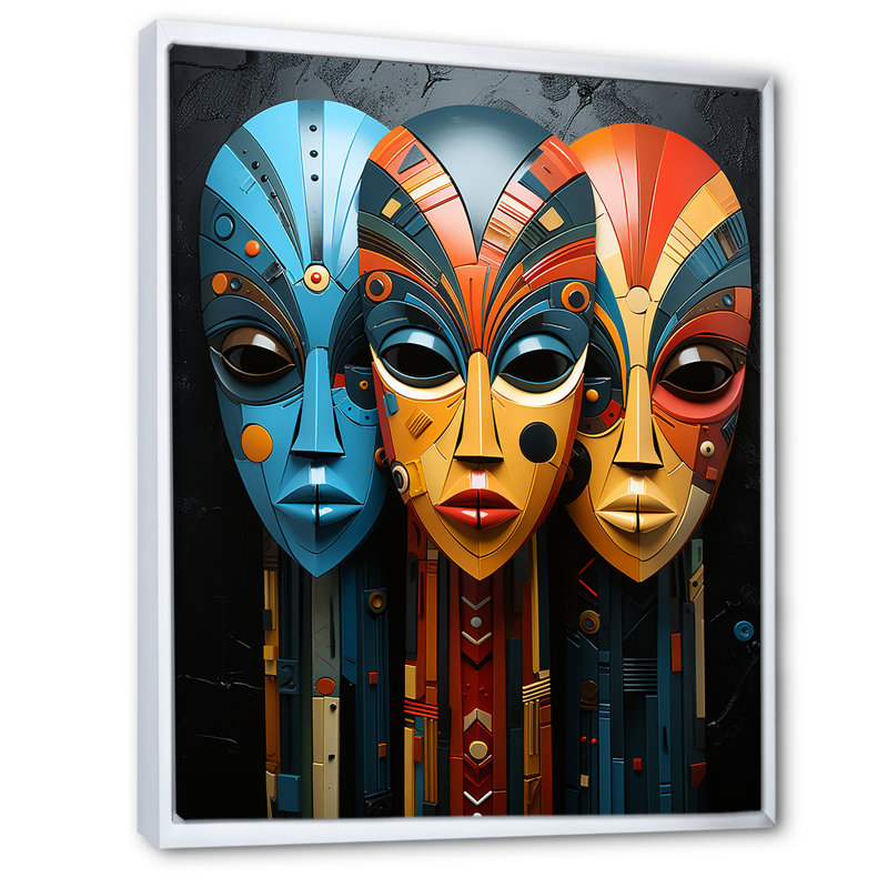 Masques de tribus mystiques d'Afrique sur toile, Cadre flottant blanc, H 40 po x l 30 po x P 1,5 po