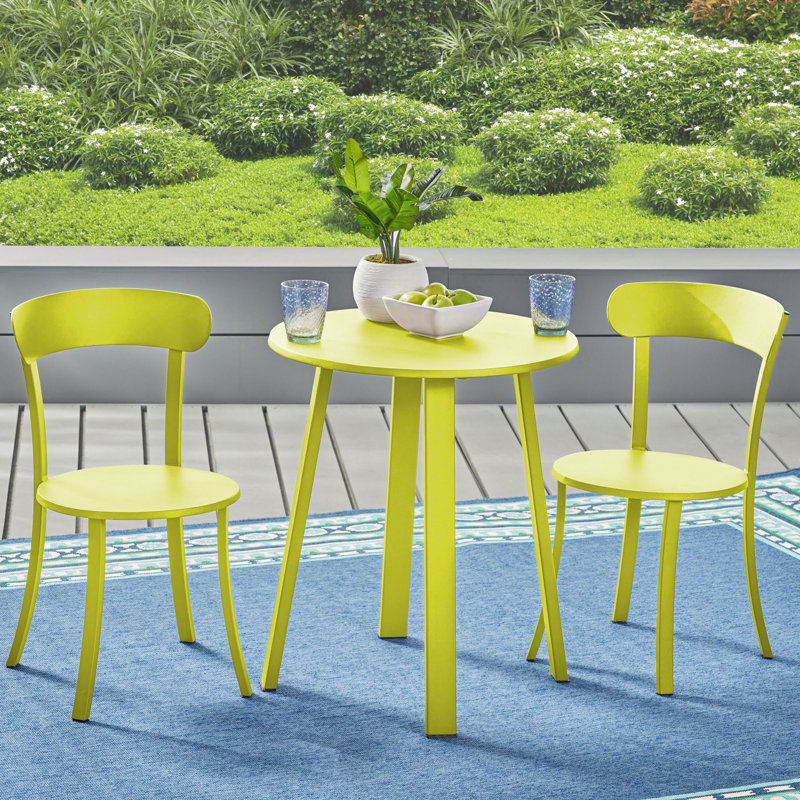 Outdoor Bistro In Lime Matte, Powder-Coated Iron, Fashionable Dining Iron , Matte Hue, For Use, 2 Chairs & 1 Table