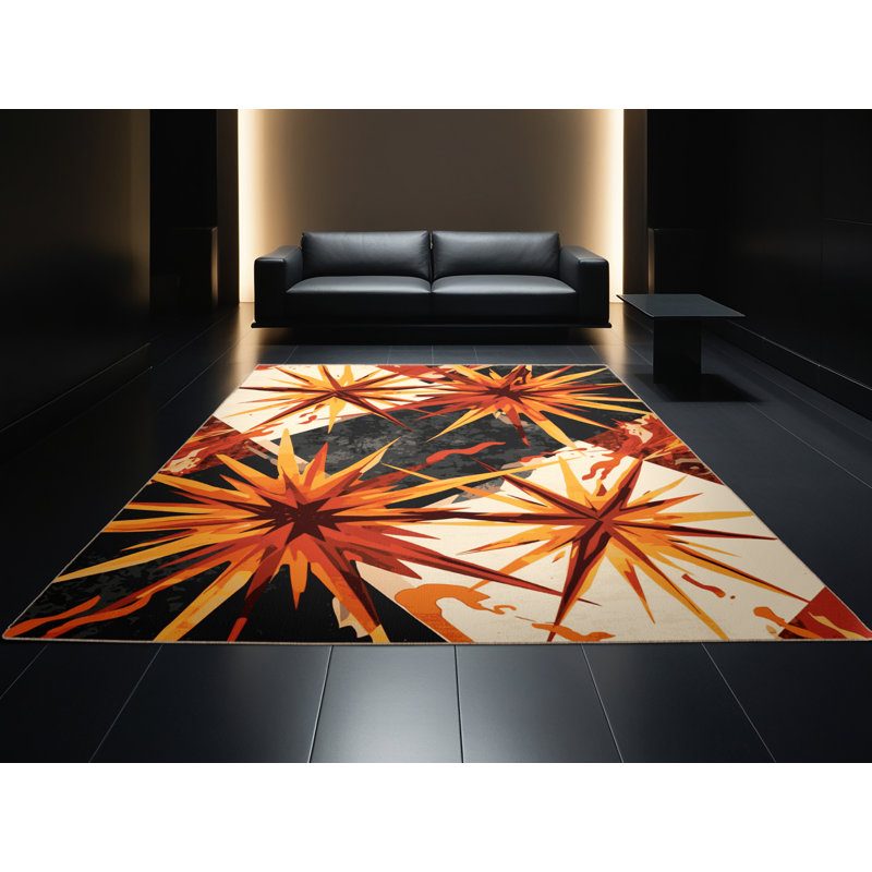 Machine Washable Bensonhurst Bold & Eclectic Modern Starburst Rug in Brown – Beige Binding, 6' Round
