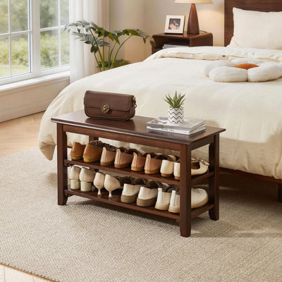 2-Tier Solid Wood Shoe Bench, Entryway Shoe Rack with Storage Shelves, Hallway Seat Bench for Shoes