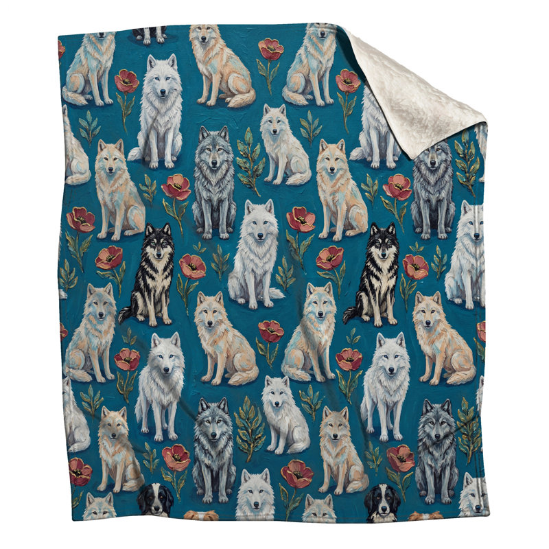Patterned Wolves And Flowers Blankets, 50in W x 60in H