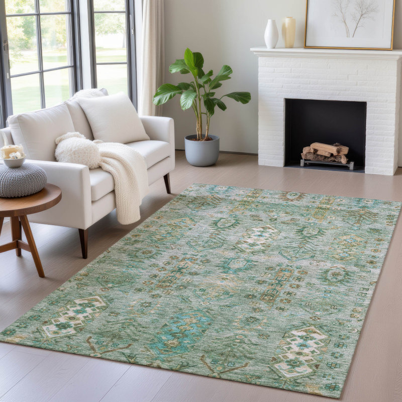 Machine Washable Indoor/Outdoor Xhevrie Sage Rug, Rectangle 10' x 14'