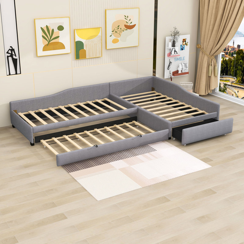 Karesinda Twin Size Upholstered Daybed with Trundle and Drawer, Gray