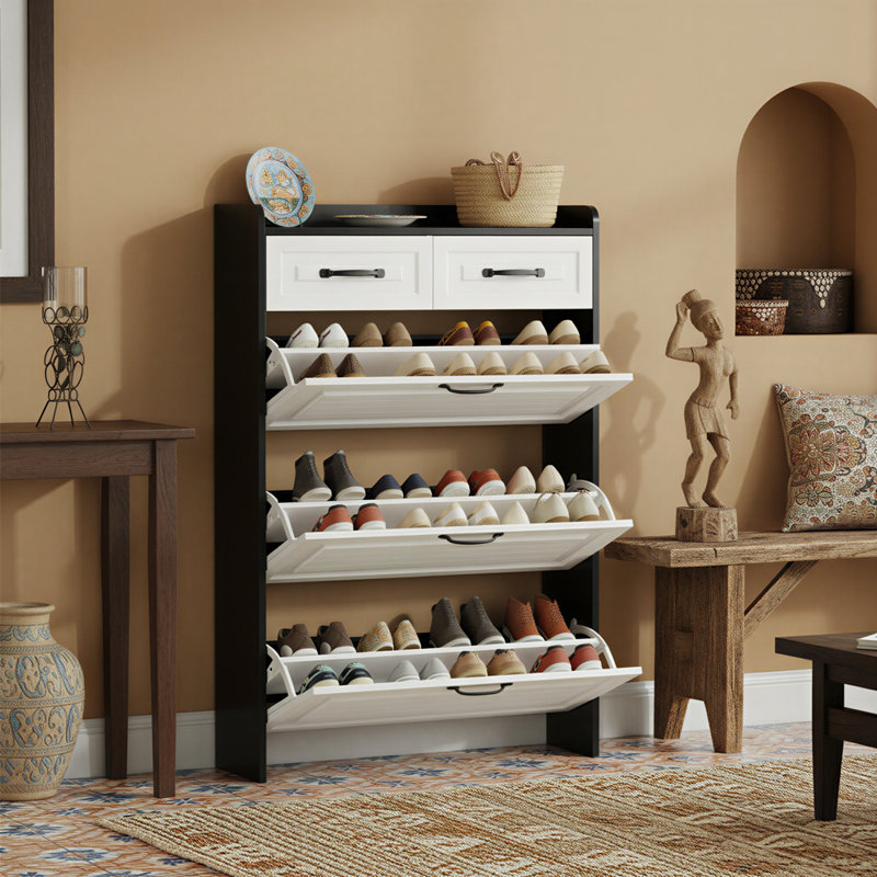 Tipping Bucket Shoe Cabinet with Drawers, Modern Entryway Organizer in White and Black Finish