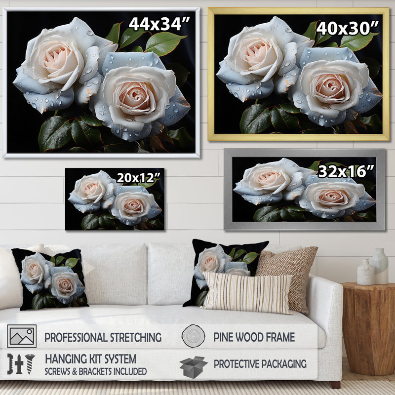 Roses blanches, impression romantique II, Cadre flottant noir, H 12 po x l 20 po x P 1 po