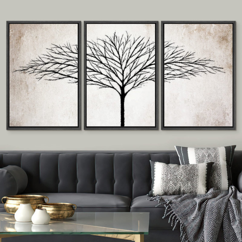 Minimalist Tree " Grunge Tree Silhouette Wilderness Plants Illustration Modern Art Farmhouse Country " 3 - Pieces, Noir