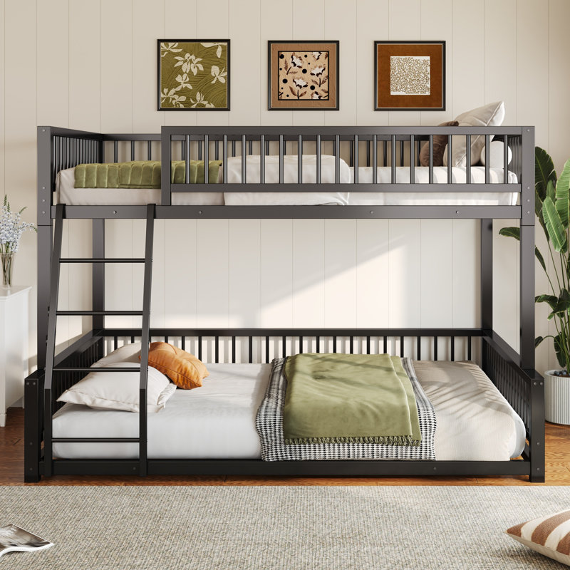 Floor Bunk Bed, Metal Frame with Ladder, Guardrails, No Box Spring Needed, Black With Slat, Full XL Over Queen
