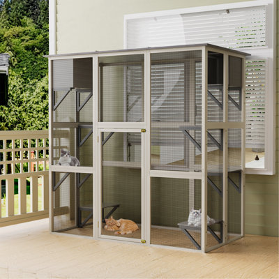 Gray Wooden Outdoor Catio Cat Enclosure With Weatherproof Asphalt Roof, Large Walk-In Cat House With 6 Platforms & 2 Napping Boxes, Solid Wood Cat Cage  Kennel Condo Playpen For Patio