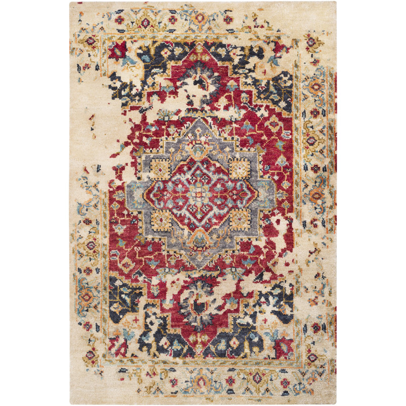 Tapis en jute / kaki / rouge foncé noué à la main Elvera, Rectangle 2 pi x 3 pi