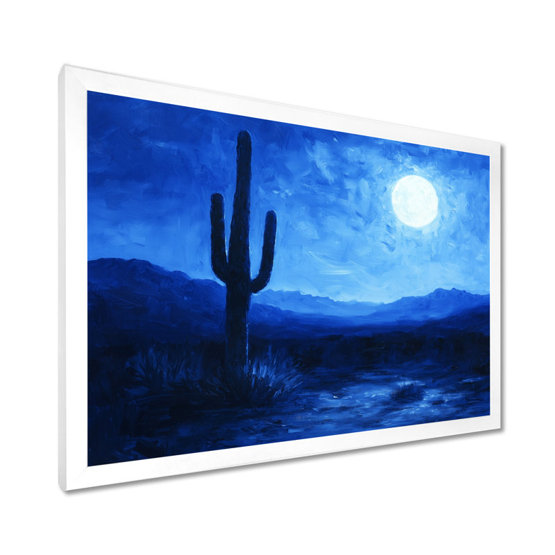 Cactus sous le désert, étoiles bleues II - art mural grand cactus, H 16 po x l 32 po, Cadre simple, Blanc
