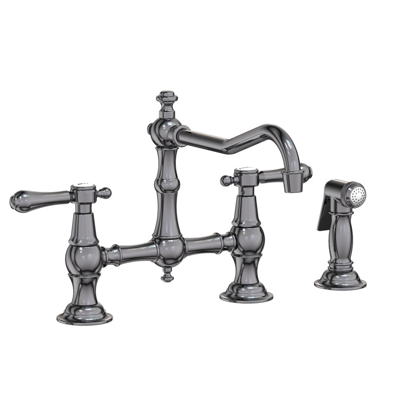 Chesterfield Kitchen Bridge Faucet with Side Spray, Midnight Chrome, Cross
