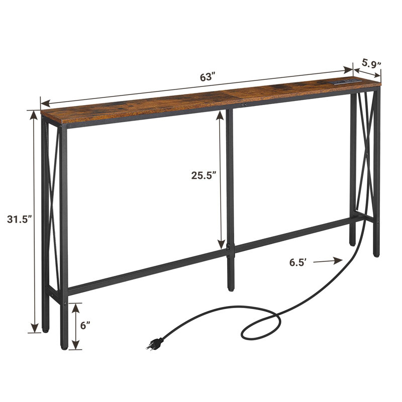 5.9" Narrow Console Sofa Table With Power Outlets, Behind Couch Table With “X” Cross Metal Frame Charge Station With 6.5’ Extension Cord, Rustic Brown
