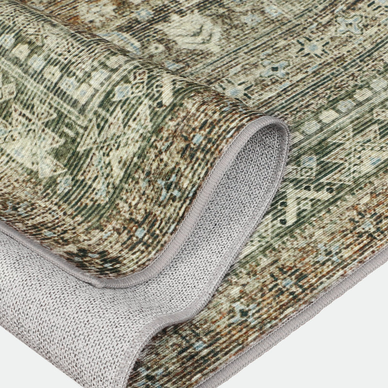 Vintage Neutral Oriental Green / Beige Machine Washable Non-Slip Indoor Area Rugs, Rectangle 6' x 9'