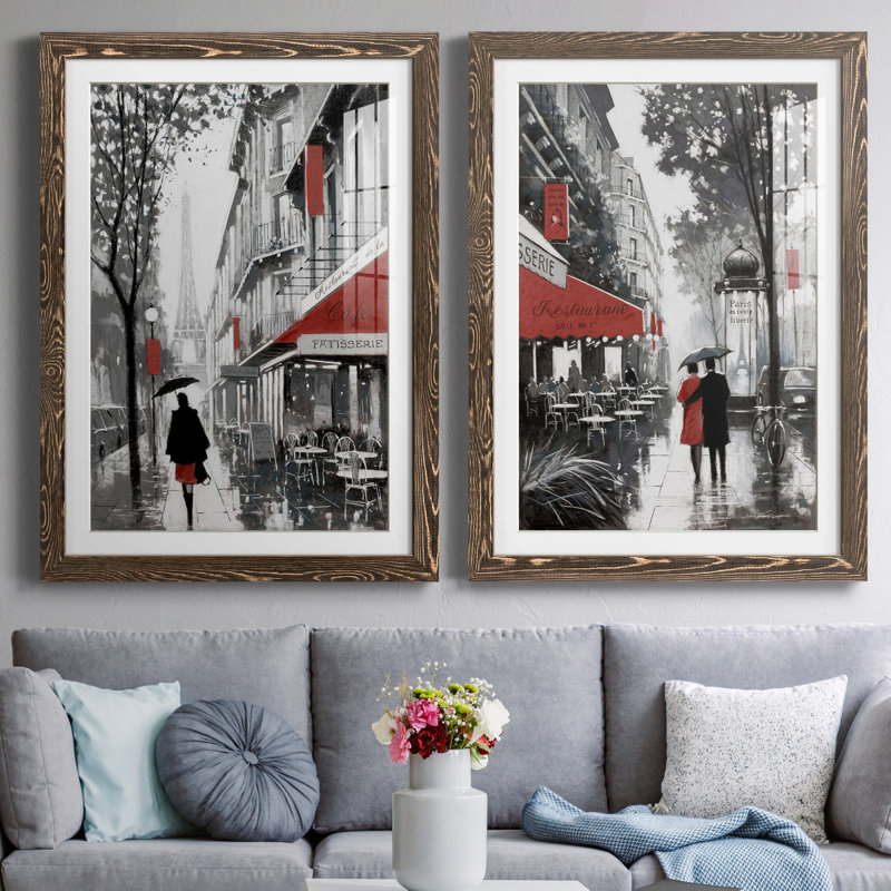 «Rainy Paris I», ensemble de 2 reproductions d'art, H 31,5 po x l 47 po x P 1,5 po, Papier, cadre noyer, Blanc