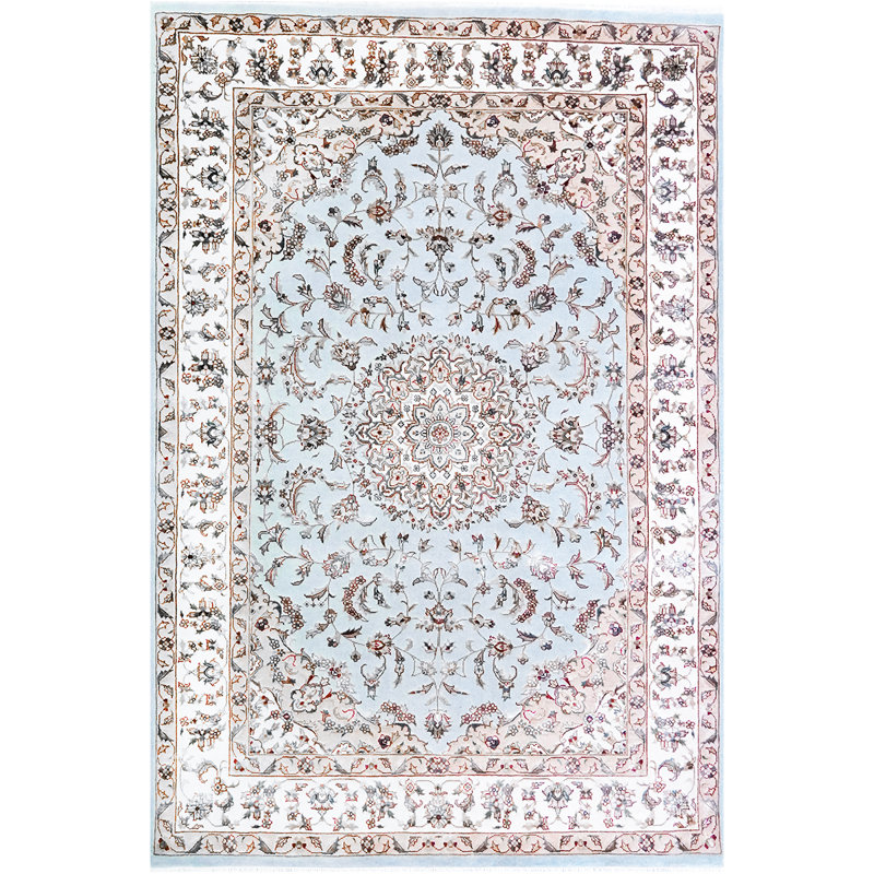 Tapis bleu clair, ivoire et rouge noué à la main de haute qualité
